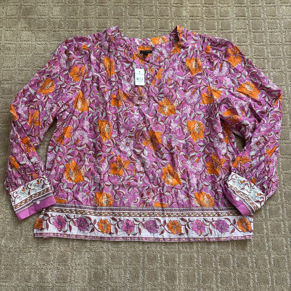 Ann Taylor Floral Peasant Blouse Women's XL Purple Orange Long Sleeve Artsy NWT - Picture 1 of 8